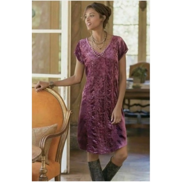 Soft Surroundings Crushed Velvet Embroidered Boho Shift Dress XL Burgundy - Picture 2 of 10